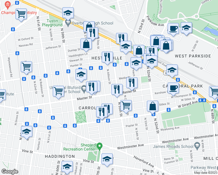 map of restaurants, bars, coffee shops, grocery stores, and more near 1432 North Allison Street in Philadelphia