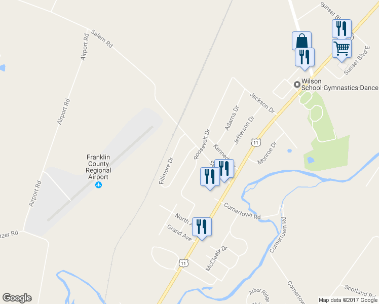 map of restaurants, bars, coffee shops, grocery stores, and more near 2722 Fillmore Drive in Chambersburg
