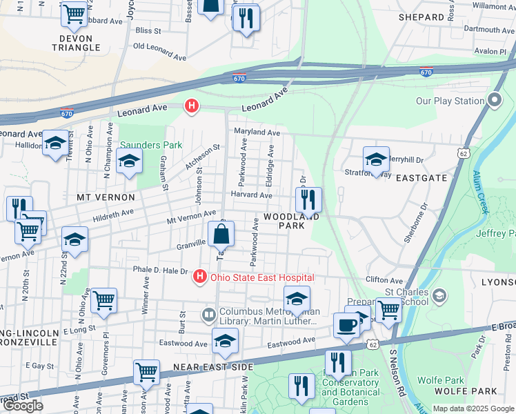 map of restaurants, bars, coffee shops, grocery stores, and more near 1624 Greenway Avenue in Columbus