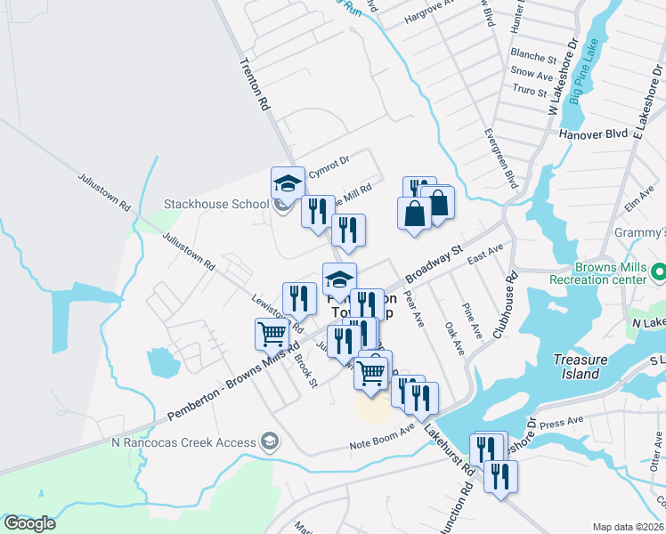 map of restaurants, bars, coffee shops, grocery stores, and more near 120 Trenton Road in Browns Mills
