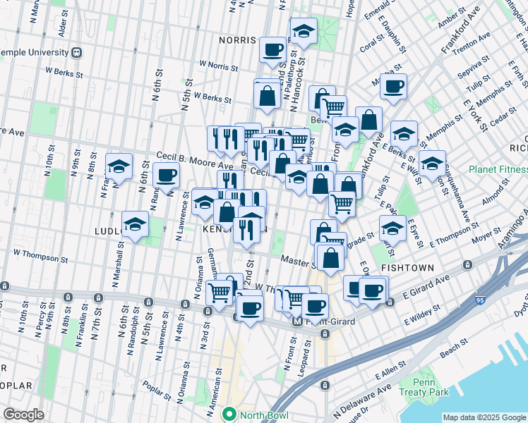 map of restaurants, bars, coffee shops, grocery stores, and more near 1531 North 2nd Street in Philadelphia