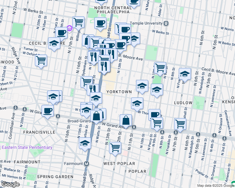 map of restaurants, bars, coffee shops, grocery stores, and more near 1227 Master Street in Philadelphia