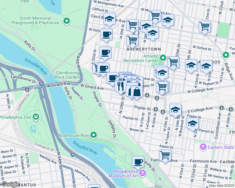 map of restaurants, bars, coffee shops, grocery stores, and more near 2927 West Harper Street in Philadelphia