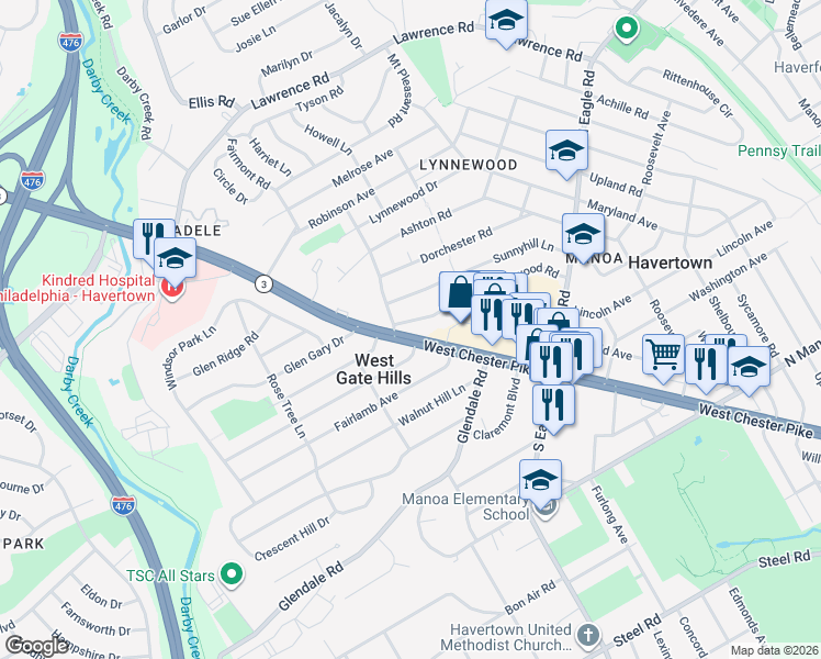 map of restaurants, bars, coffee shops, grocery stores, and more near 1527 Sunnyhill Lane in Havertown