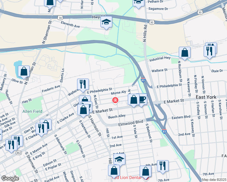 map of restaurants, bars, coffee shops, grocery stores, and more near 1492 East Philadelphia Street in York