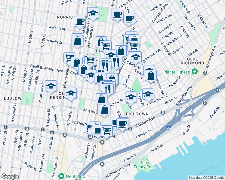 map of restaurants, bars, coffee shops, grocery stores, and more near 1611 Frankford Avenue in Philadelphia