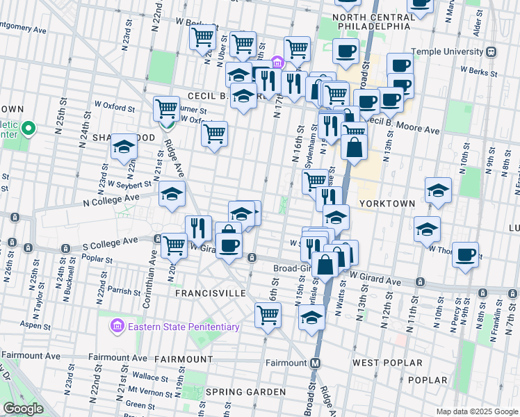 map of restaurants, bars, coffee shops, grocery stores, and more near 1707 West Seybert Street in Philadelphia