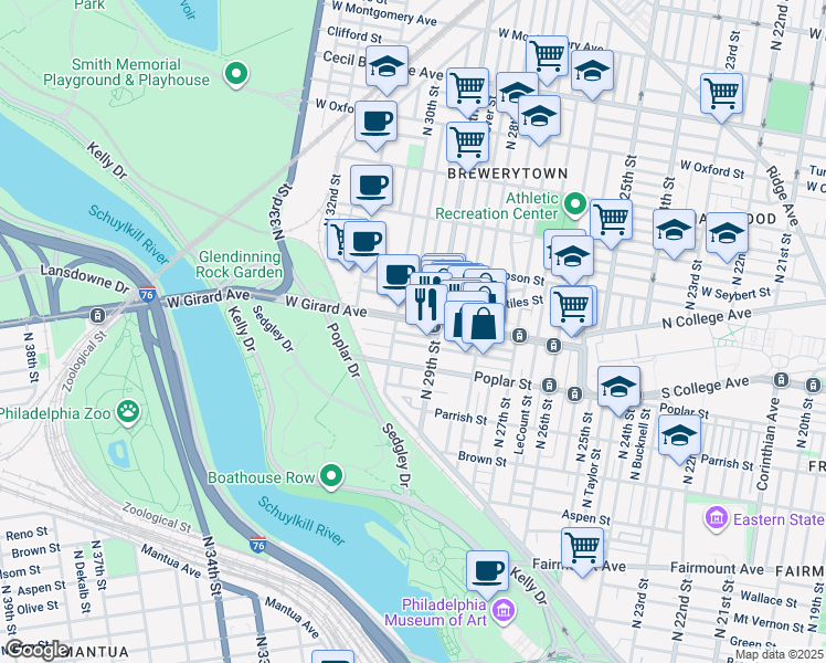 map of restaurants, bars, coffee shops, grocery stores, and more near 2931 Harper St in Philadelphia