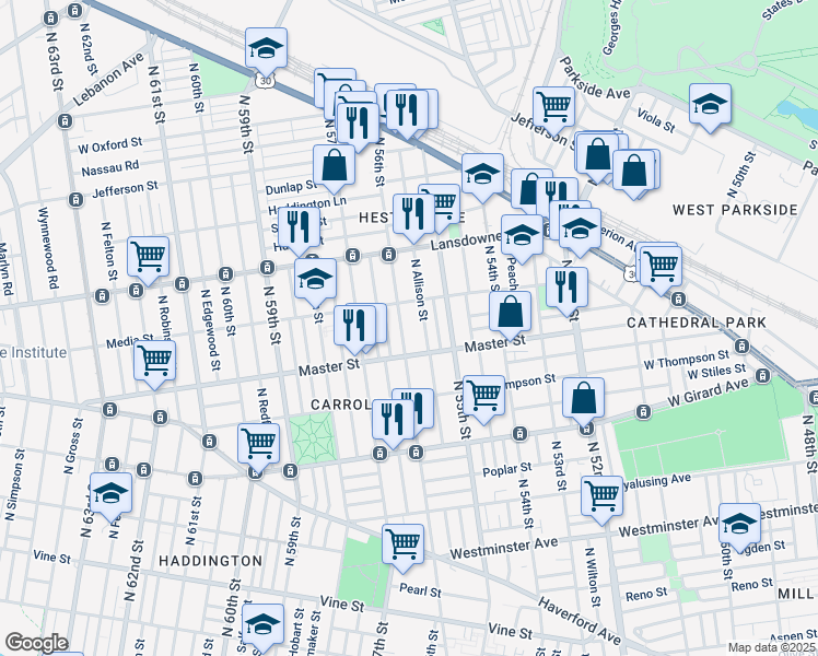 map of restaurants, bars, coffee shops, grocery stores, and more near 1435 North 56th Street in Philadelphia