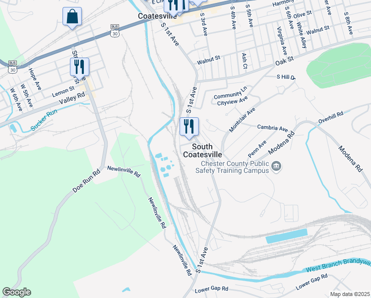 map of restaurants, bars, coffee shops, grocery stores, and more near 114 Gibbons Avenue in Coatesville