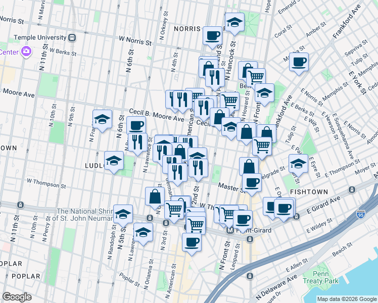map of restaurants, bars, coffee shops, grocery stores, and more near 225 West Oxford Street in Philadelphia