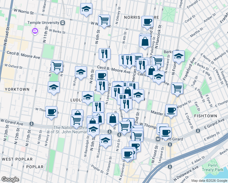 map of restaurants, bars, coffee shops, grocery stores, and more near 1554 North Lawrence Street in Philadelphia