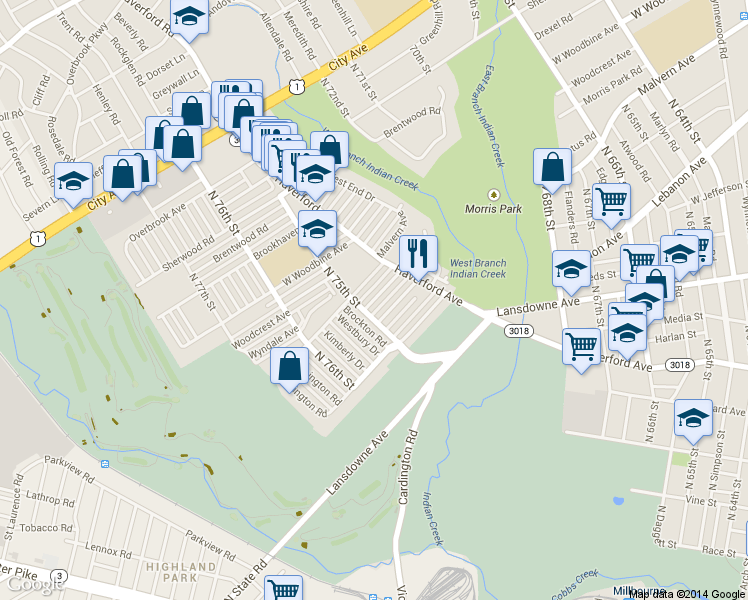 map of restaurants, bars, coffee shops, grocery stores, and more near 7445 Ruskin Rd in Philadelphia