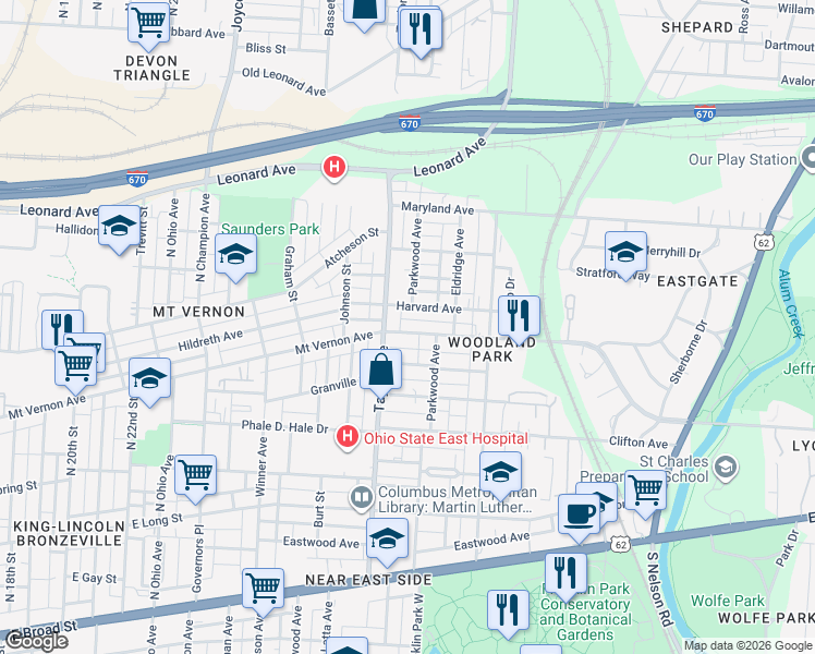 map of restaurants, bars, coffee shops, grocery stores, and more near 1577 Harvard Avenue in Columbus