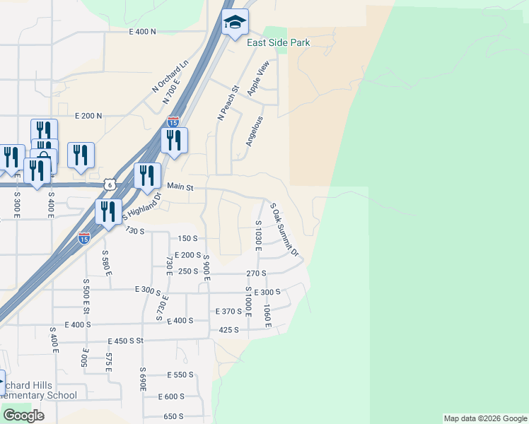 map of restaurants, bars, coffee shops, grocery stores, and more near 87 South 1030 East in Santaquin