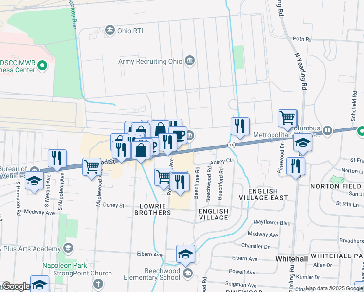 map of restaurants, bars, coffee shops, grocery stores, and more near 3988 East Broad Street in Columbus