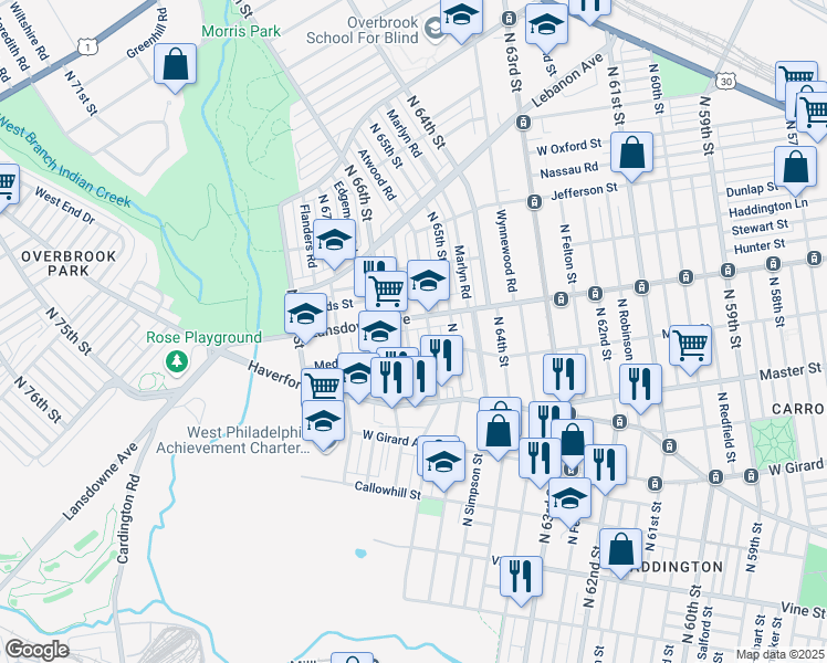 map of restaurants, bars, coffee shops, grocery stores, and more near 727 Kenmore Road in Philadelphia