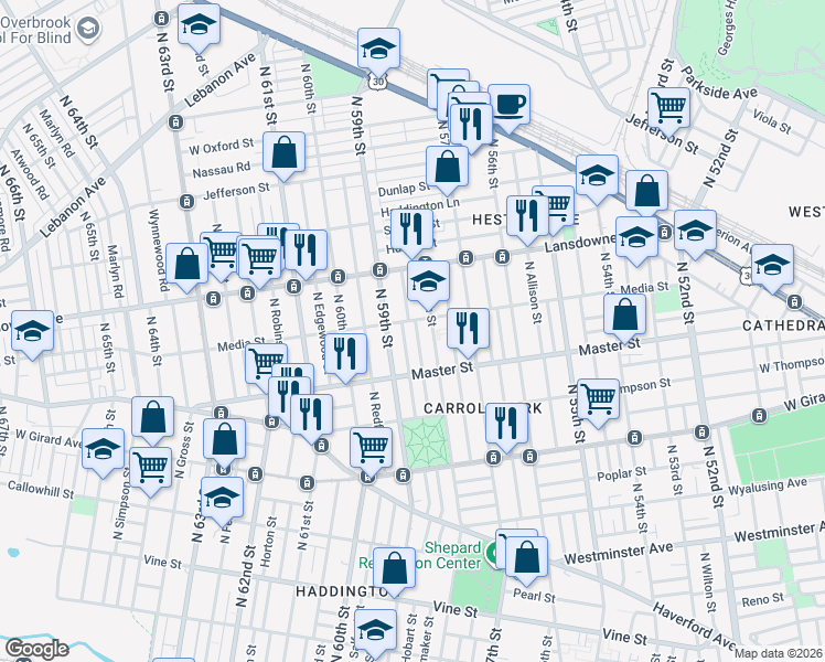 map of restaurants, bars, coffee shops, grocery stores, and more near 1524 North 58th Street in Philadelphia