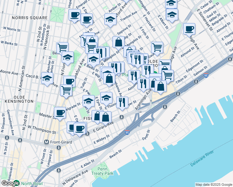 map of restaurants, bars, coffee shops, grocery stores, and more near 1343 East Hewson Street in Philadelphia
