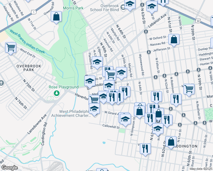 map of restaurants, bars, coffee shops, grocery stores, and more near 6614 Lansdowne Avenue in Philadelphia