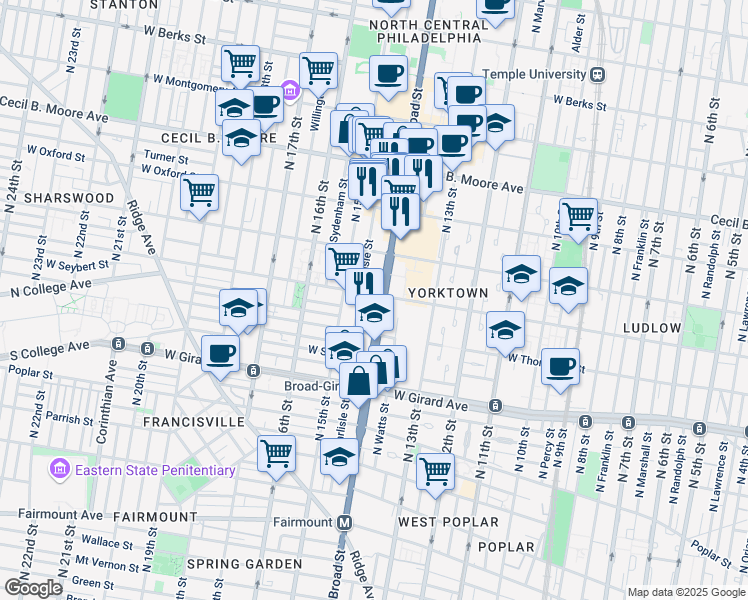 map of restaurants, bars, coffee shops, grocery stores, and more near 1400 North Broad Street in Philadelphia