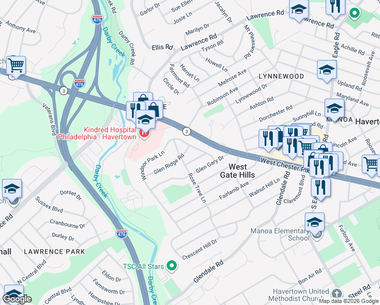 map of restaurants, bars, coffee shops, grocery stores, and more near 1831 Windsor Park Lane in Havertown