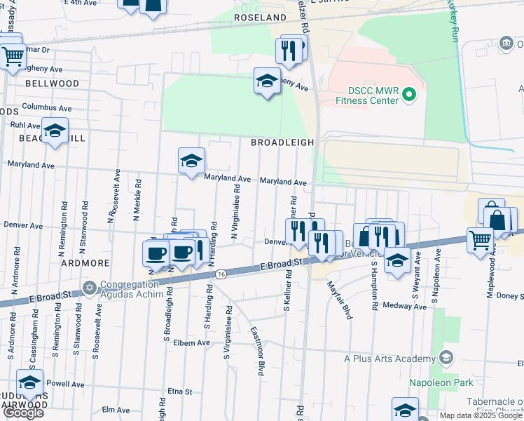 map of restaurants, bars, coffee shops, grocery stores, and more near 153 Edgevale Road in Columbus