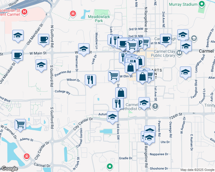 map of restaurants, bars, coffee shops, grocery stores, and more near 520 Industrial Drive in Carmel