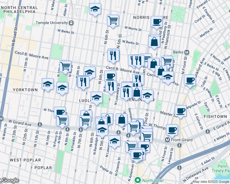 map of restaurants, bars, coffee shops, grocery stores, and more near 1517 North Orkney Street in Philadelphia