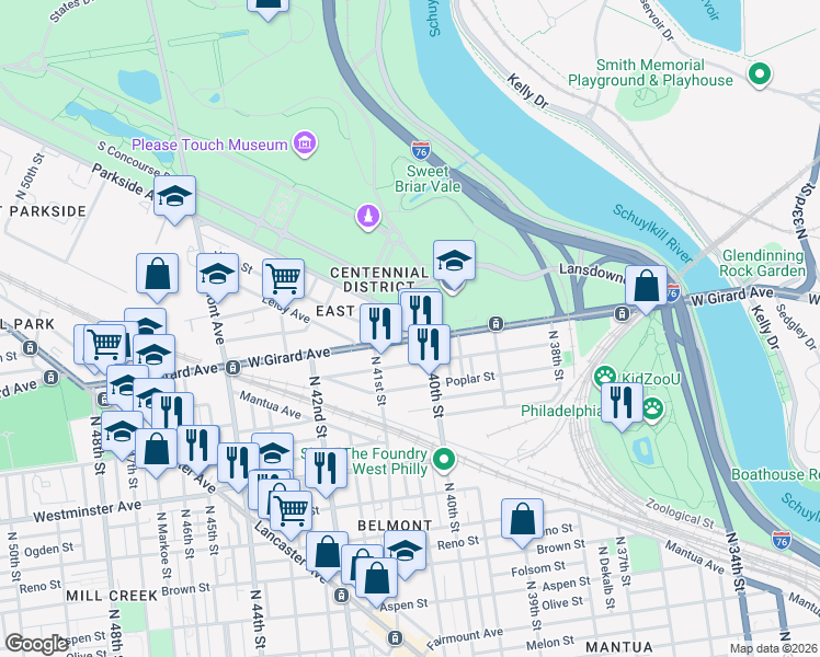 map of restaurants, bars, coffee shops, grocery stores, and more near 4044 Parkside Avenue in Philadelphia
