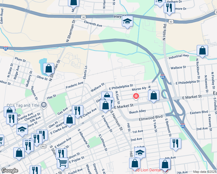 map of restaurants, bars, coffee shops, grocery stores, and more near 1309 East Philadelphia Street in York