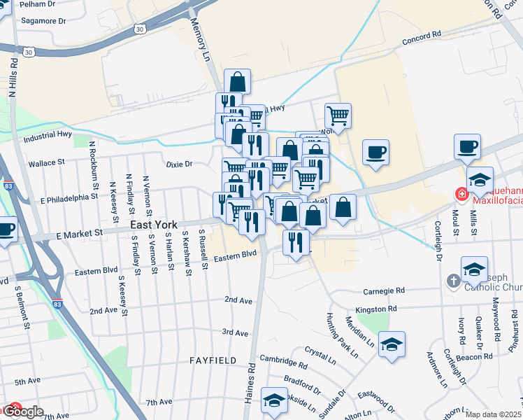 map of restaurants, bars, coffee shops, grocery stores, and more near East Market Street in York County
