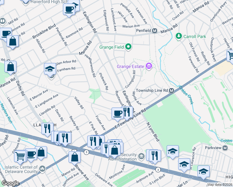 map of restaurants, bars, coffee shops, grocery stores, and more near 204 Brentwood Rd in Havertown