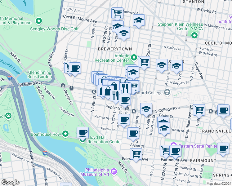 map of restaurants, bars, coffee shops, grocery stores, and more near 2701 West Girard Avenue in Philadelphia
