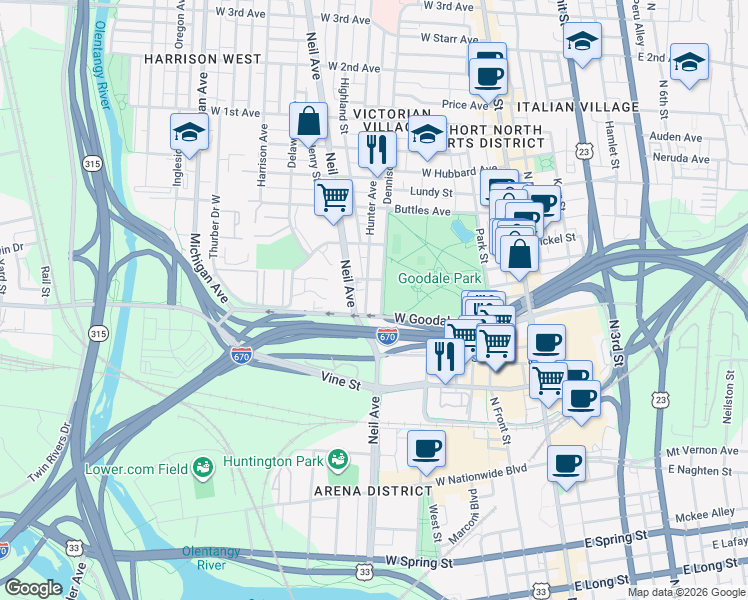 map of restaurants, bars, coffee shops, grocery stores, and more near 625 Dennison Avenue in Columbus