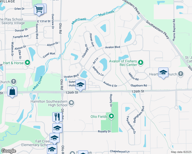map of restaurants, bars, coffee shops, grocery stores, and more near 14016 Avalon East Drive in Fishers