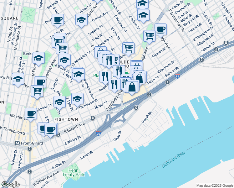 map of restaurants, bars, coffee shops, grocery stores, and more near 2212 Aramingo Avenue in Philadelphia