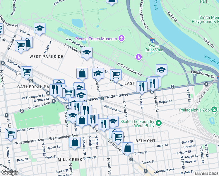 map of restaurants, bars, coffee shops, grocery stores, and more near 4240 West Thompson Street in Philadelphia