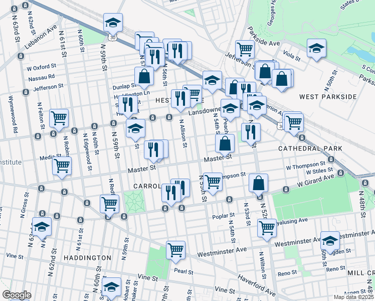 map of restaurants, bars, coffee shops, grocery stores, and more near 1431 North Allison Street in Philadelphia