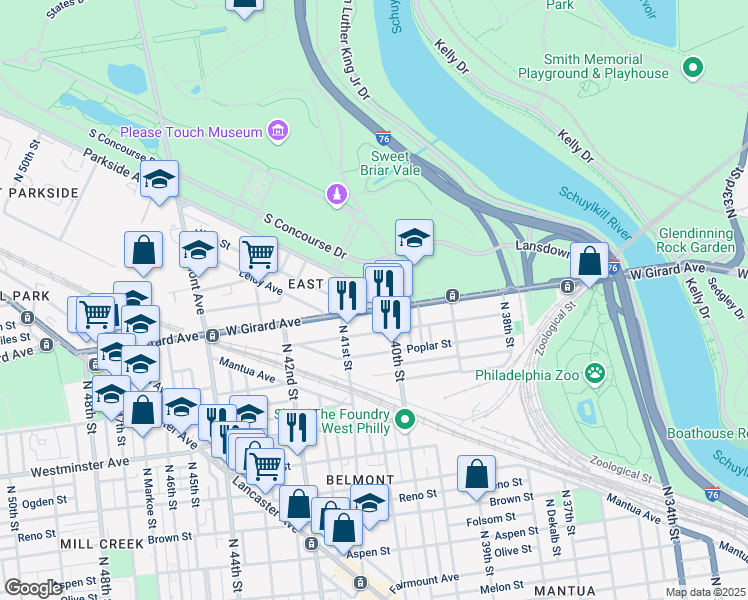 map of restaurants, bars, coffee shops, grocery stores, and more near 4024 Parkside Avenue in Philadelphia