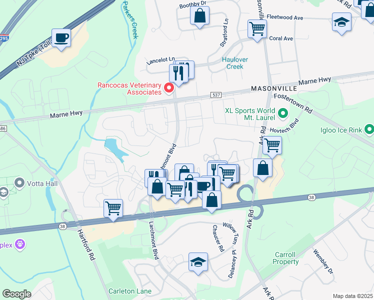 map of restaurants, bars, coffee shops, grocery stores, and more near 906B Saxony Drive in Mount Laurel Township