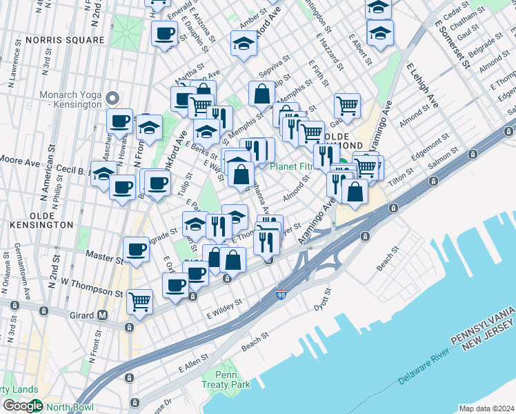 map of restaurants, bars, coffee shops, grocery stores, and more near 802 Belgrade Street in Philadelphia