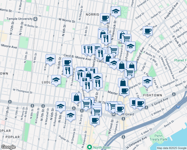 map of restaurants, bars, coffee shops, grocery stores, and more near 1619 North American Street in Philadelphia