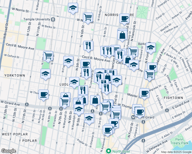 map of restaurants, bars, coffee shops, grocery stores, and more near 1554 North Lawrence Street in Philadelphia
