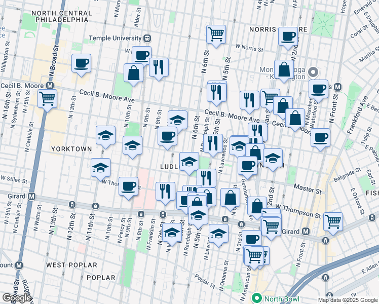 map of restaurants, bars, coffee shops, grocery stores, and more near 1602 North Randolph Street in Philadelphia