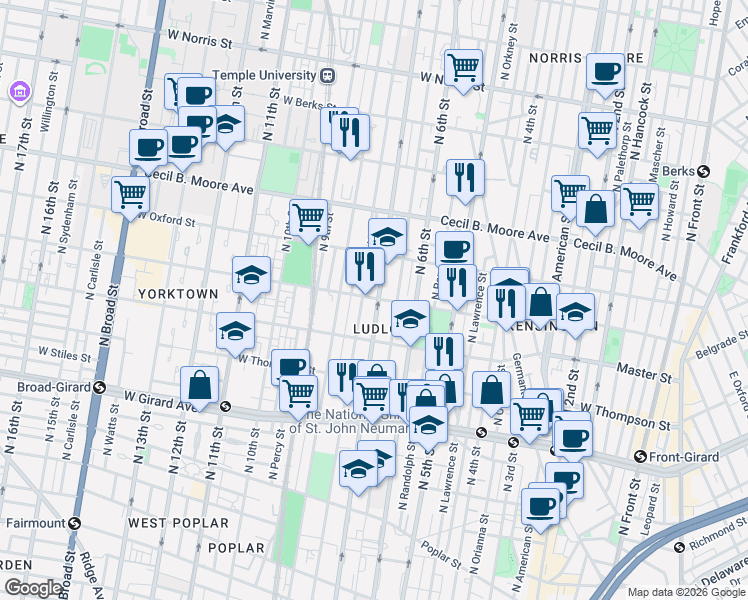 map of restaurants, bars, coffee shops, grocery stores, and more near 1517 North 7th Street in Philadelphia