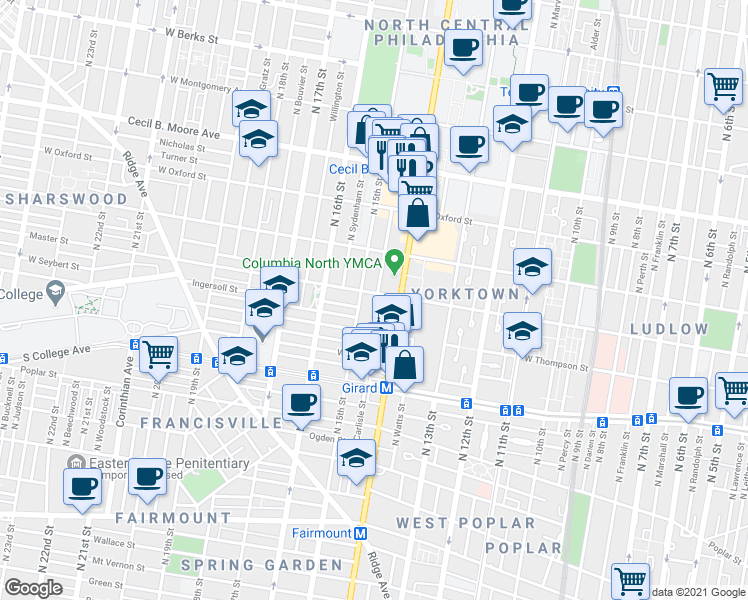 map of restaurants, bars, coffee shops, grocery stores, and more near in Philadelphia