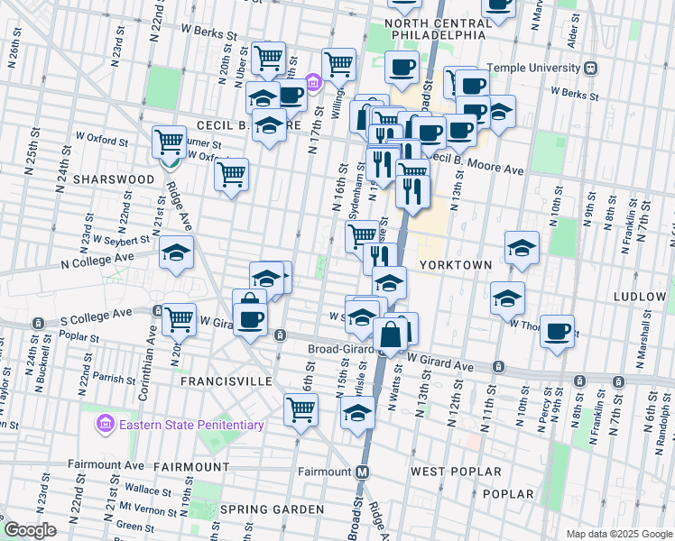 map of restaurants, bars, coffee shops, grocery stores, and more near 1537 Ingersoll Street in Philadelphia