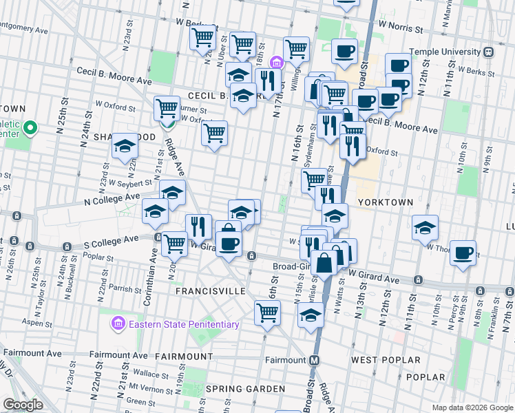map of restaurants, bars, coffee shops, grocery stores, and more near 1654 Master Street in Philadelphia
