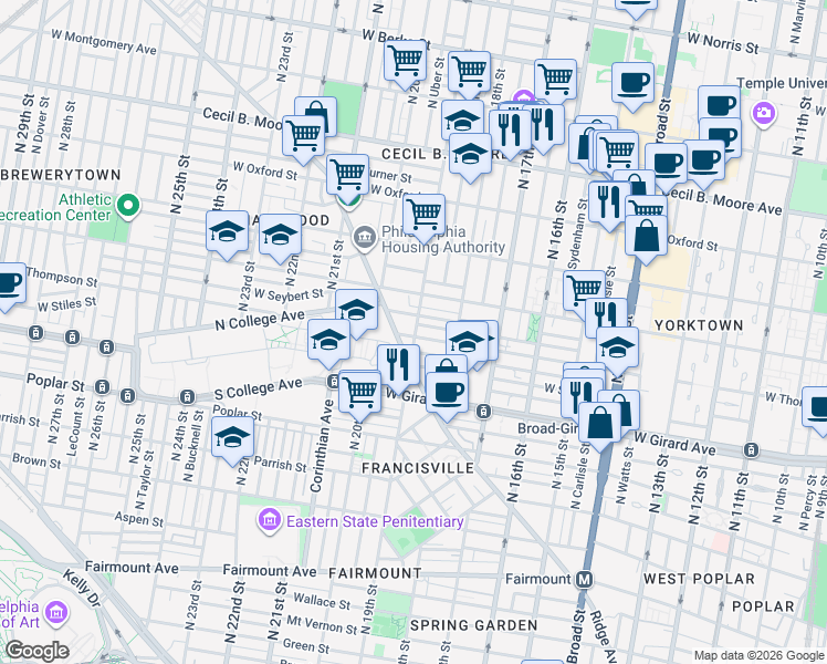 map of restaurants, bars, coffee shops, grocery stores, and more near in Philadelphia